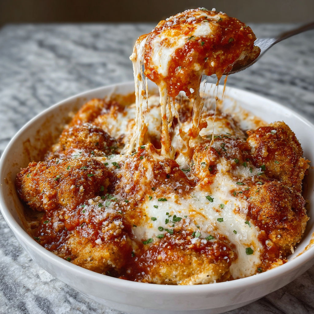 A bowl of chicken parmigiana with cheese dripping out.