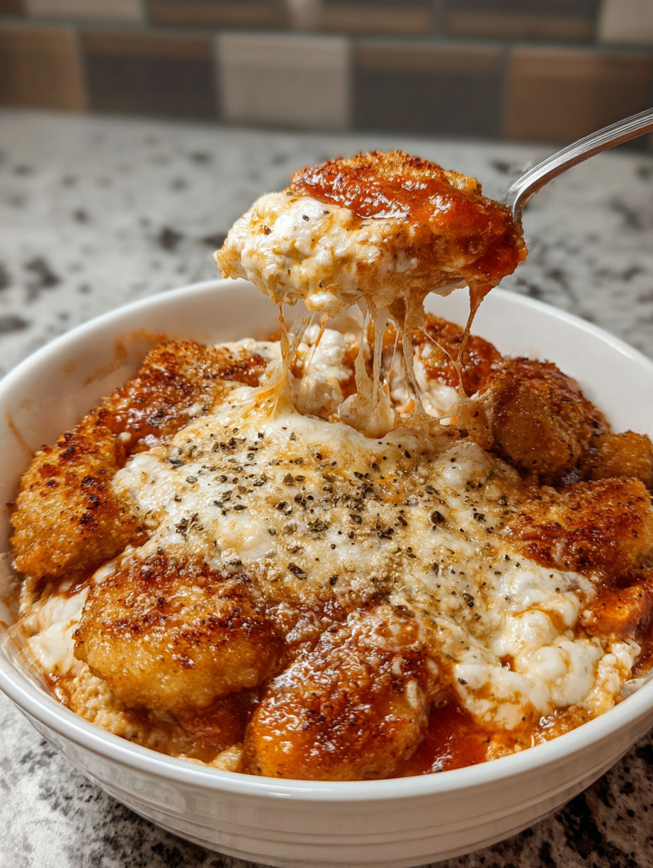 A bowl of food with cheese and chicken.
