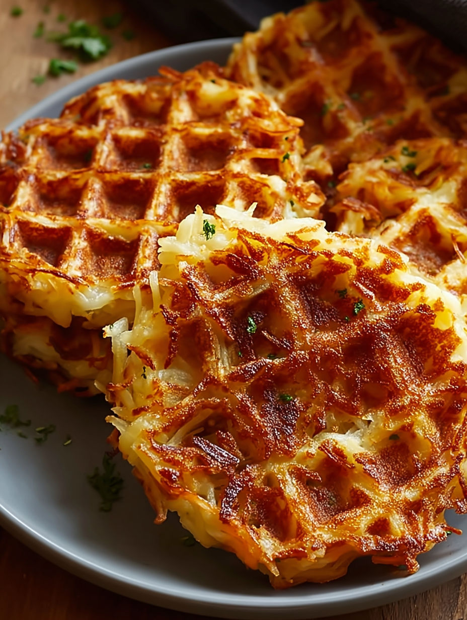 A plate of hash browns with a waffle maker.