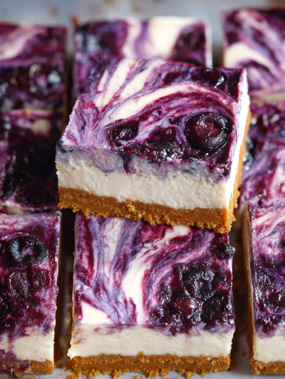 A slice of blueberry swirl cheesecake bars.