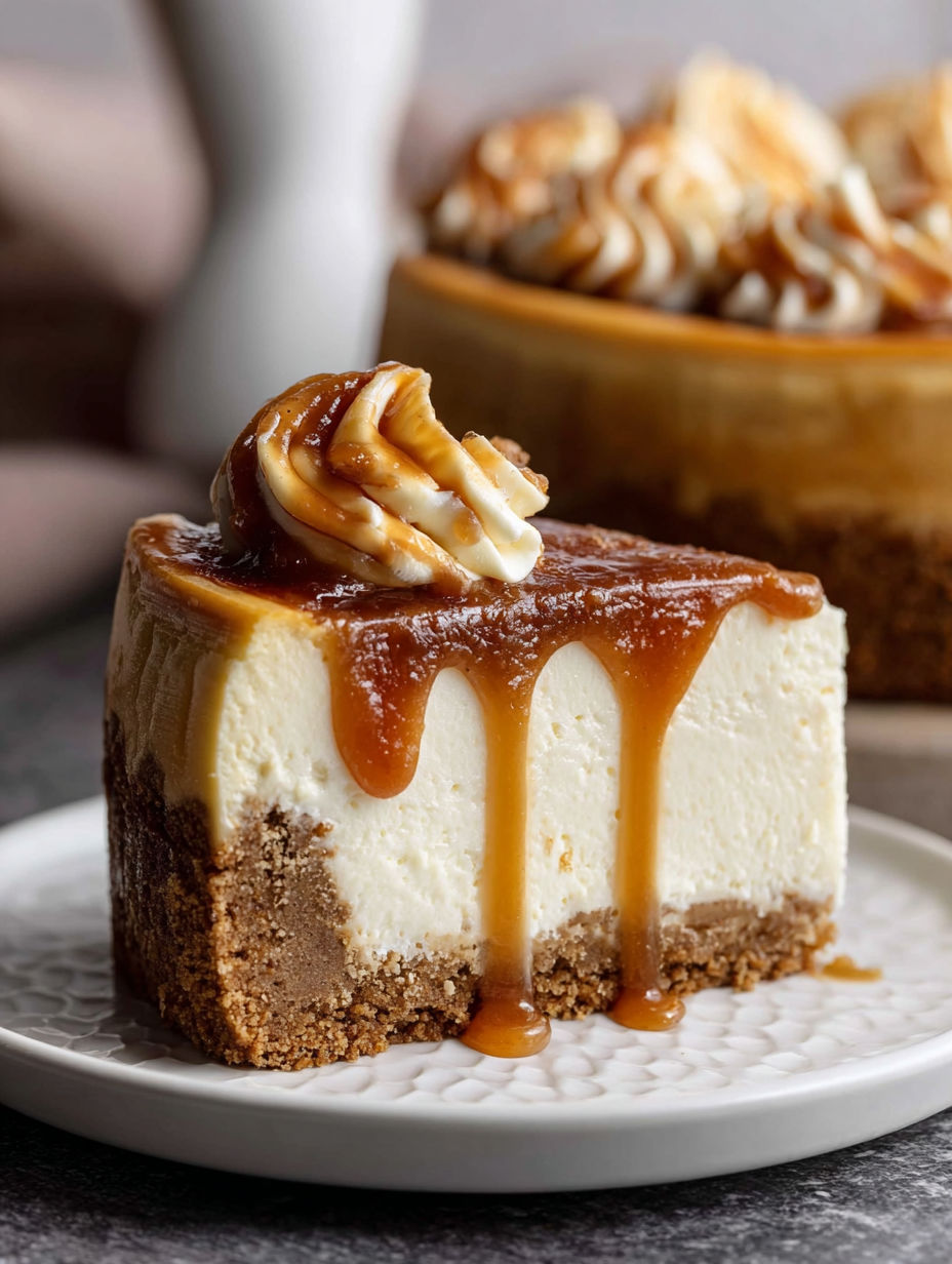 A slice of cheesecake with caramel drizzled on top.
