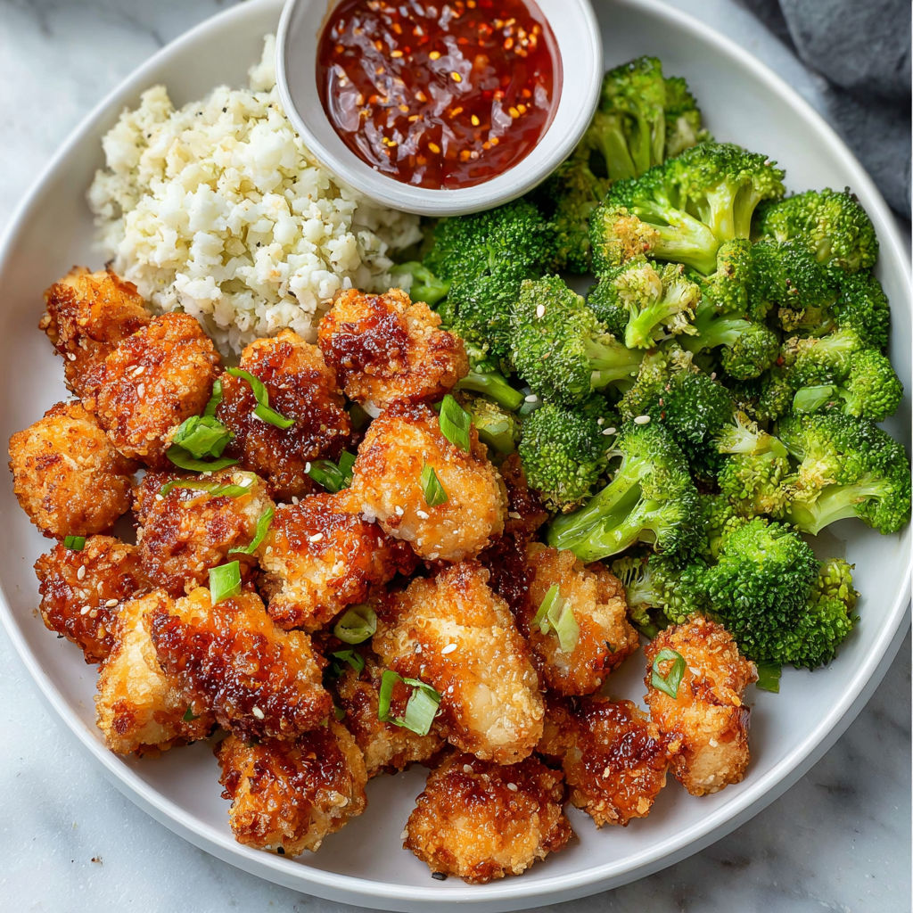 A plate of food with chicken, broccoli, and sauce.