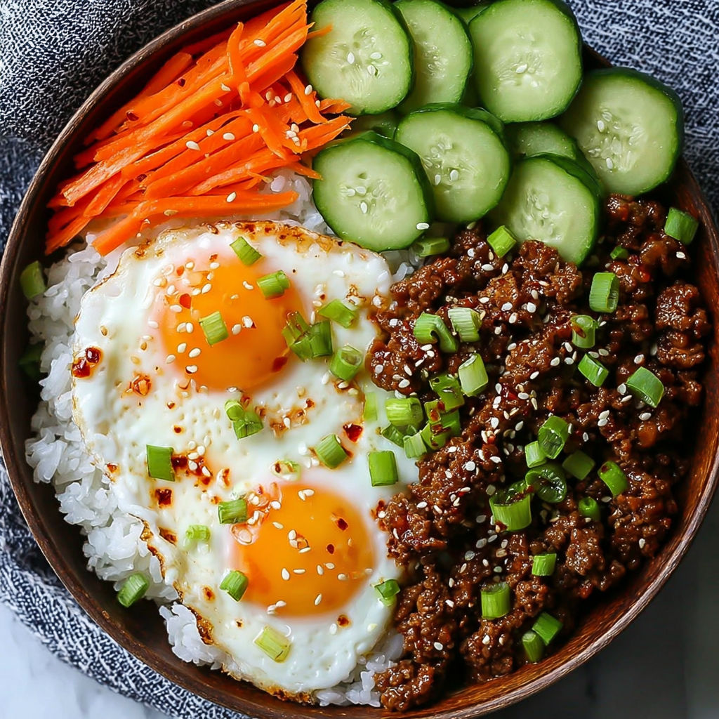 A bowl of food with eggs, carrots, cucumbers, and beef.