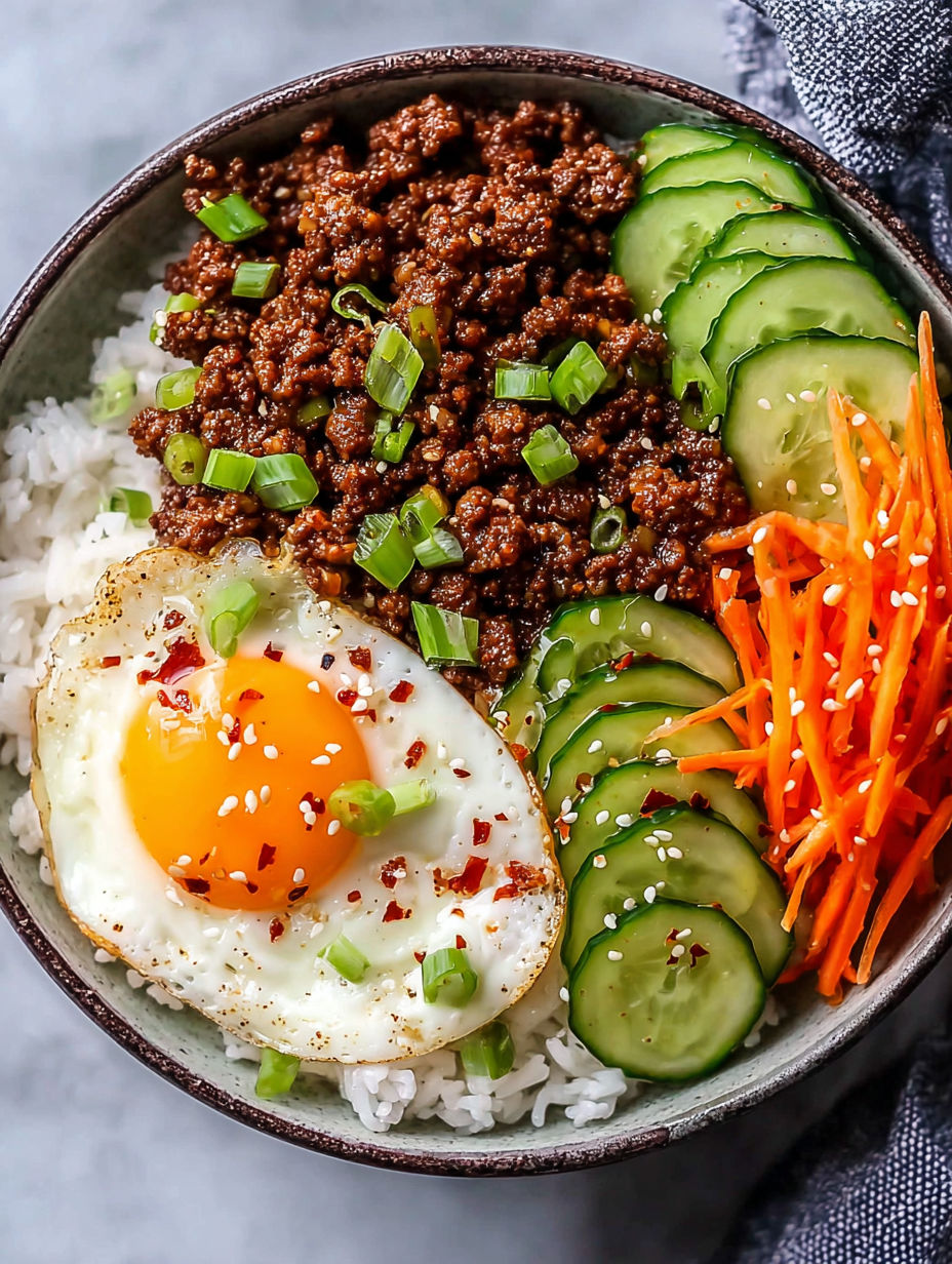 A bowl of food with a fried egg, ground beef, cucumbers, and rice.