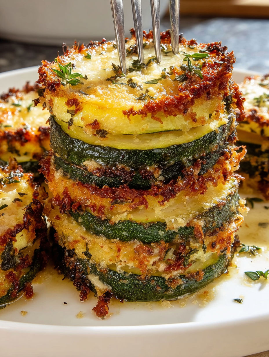 Crispy zucchini stacks on a plate.