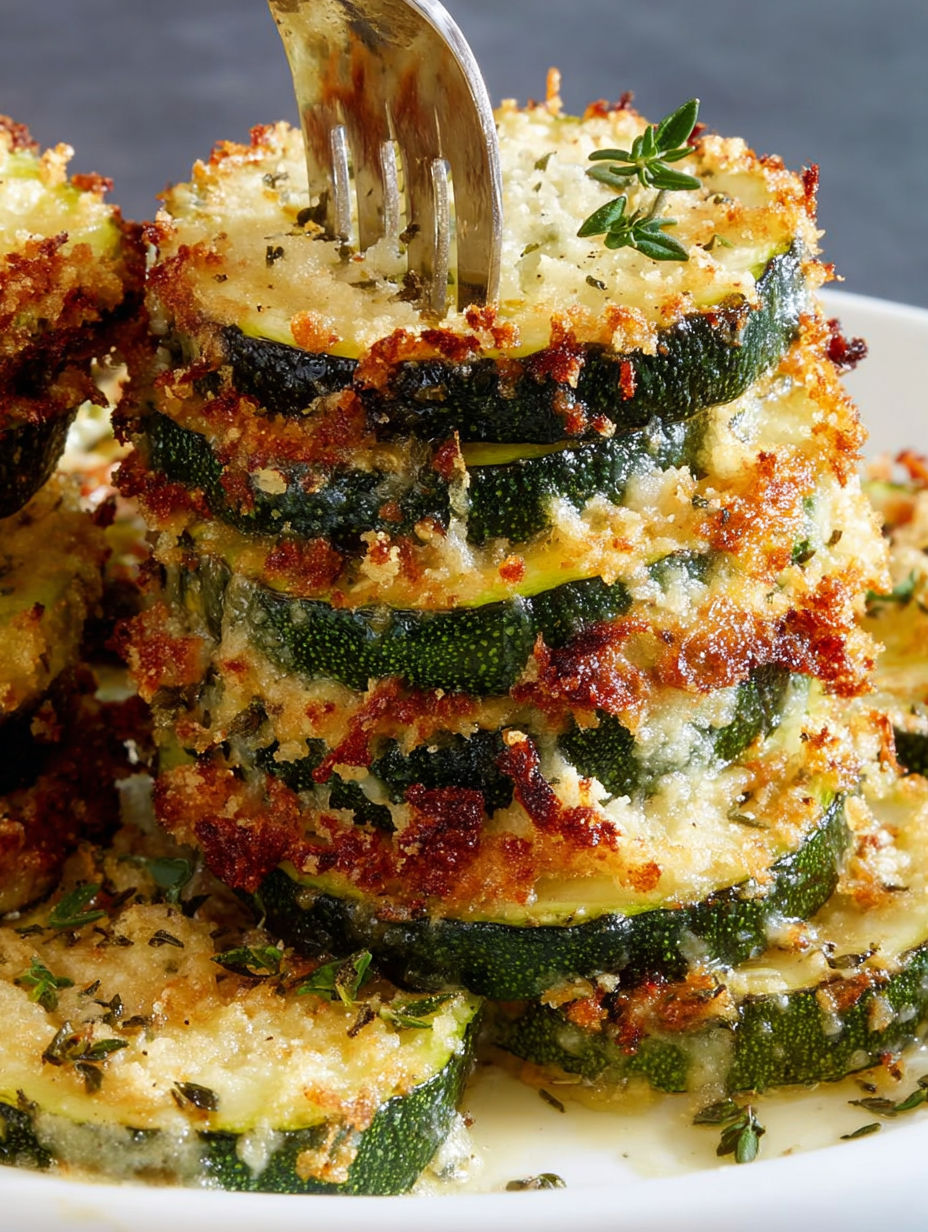 Crispy zucchini stacks on a plate.