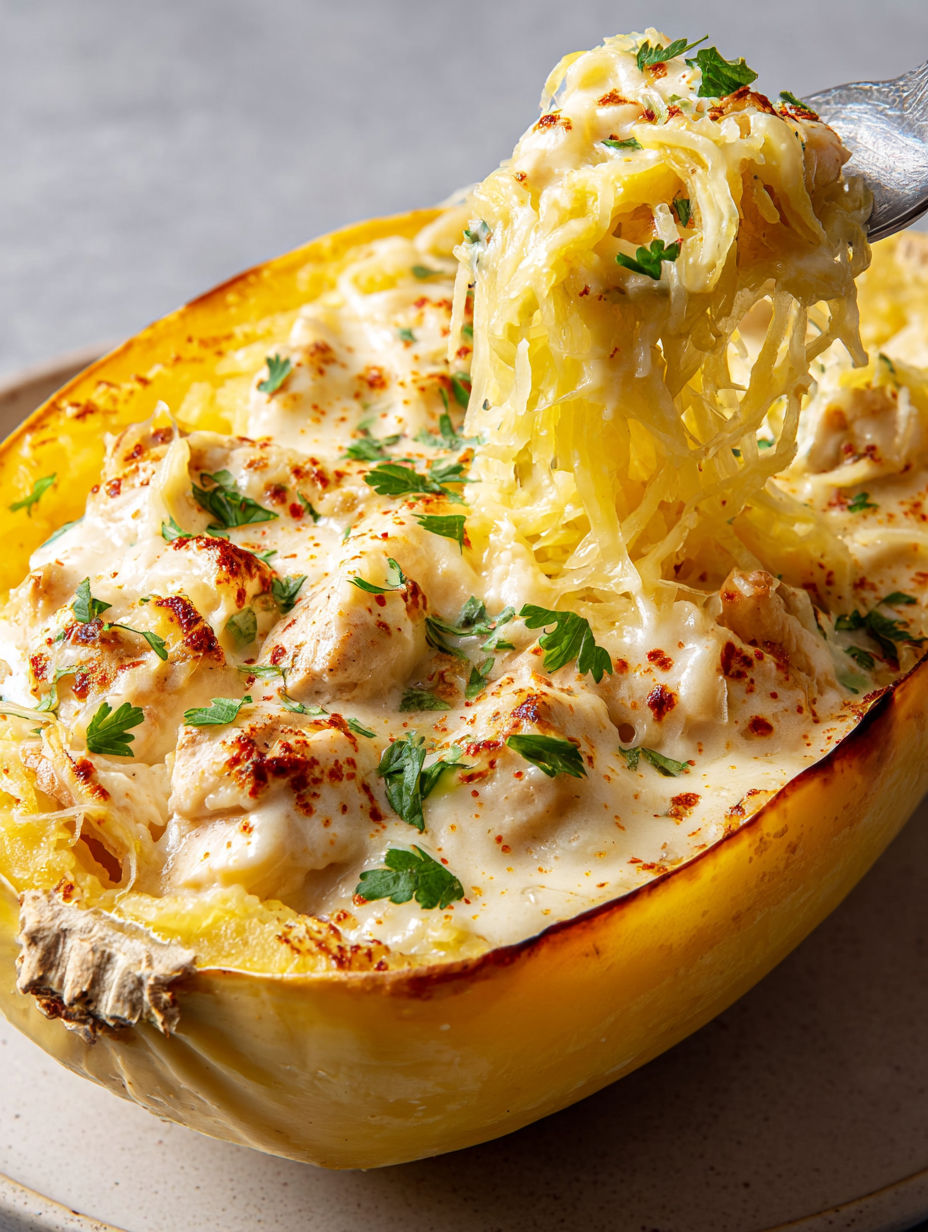 A spaghetti squash filled with chicken alfredo.