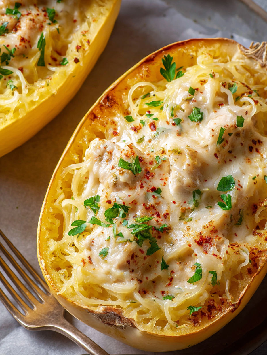 A close up of a dish with chicken Alfredo spaghetti squash.