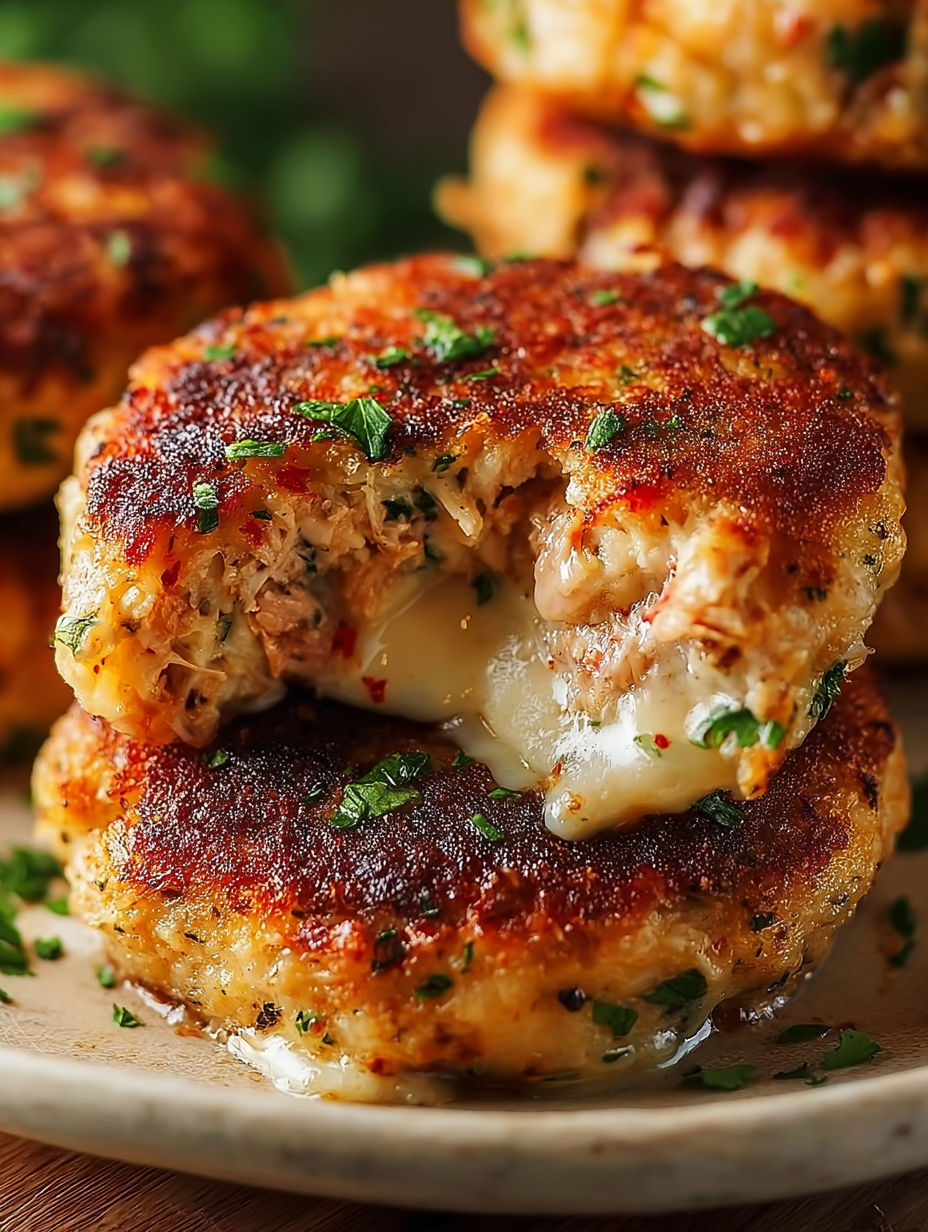 A close up of a tuna melt patty.