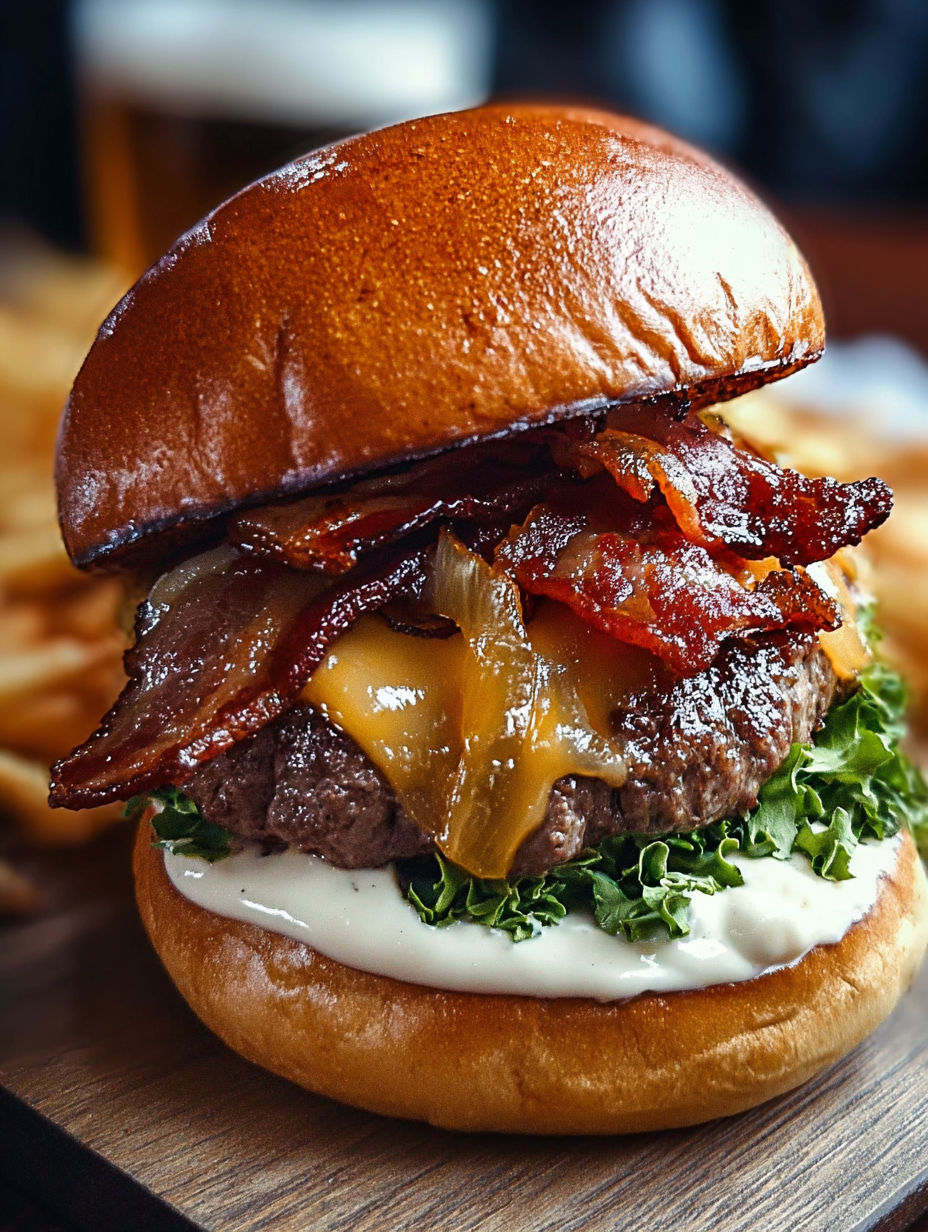 A burger with bacon and onions on top.