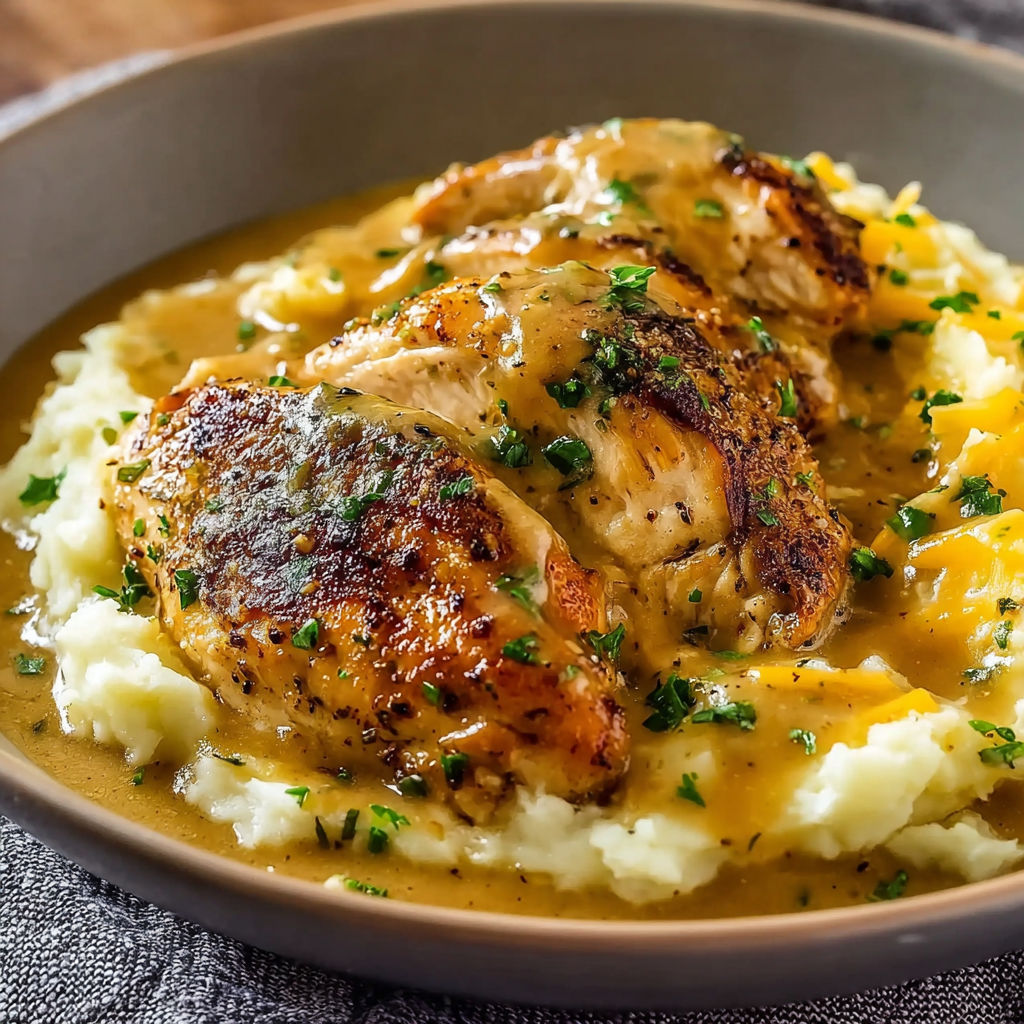 A plate of chicken and garlic gravy with cheesy mashed potatoes.