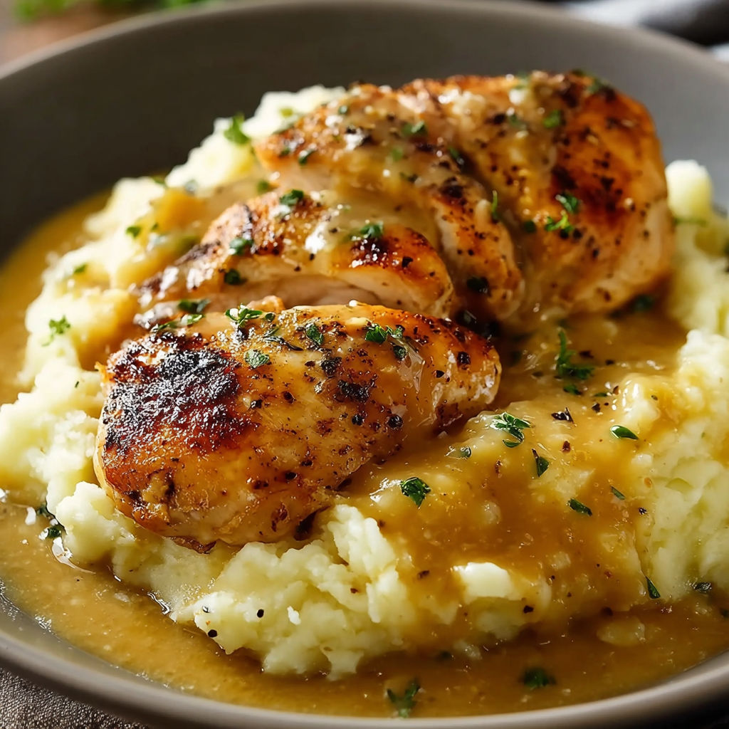 A plate of food with chicken and garlic gravy and cheesy mashed potatoes.