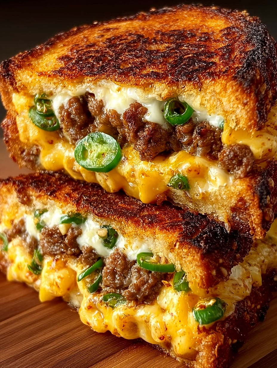 Two jalapeño popper patty melts on a wooden table.