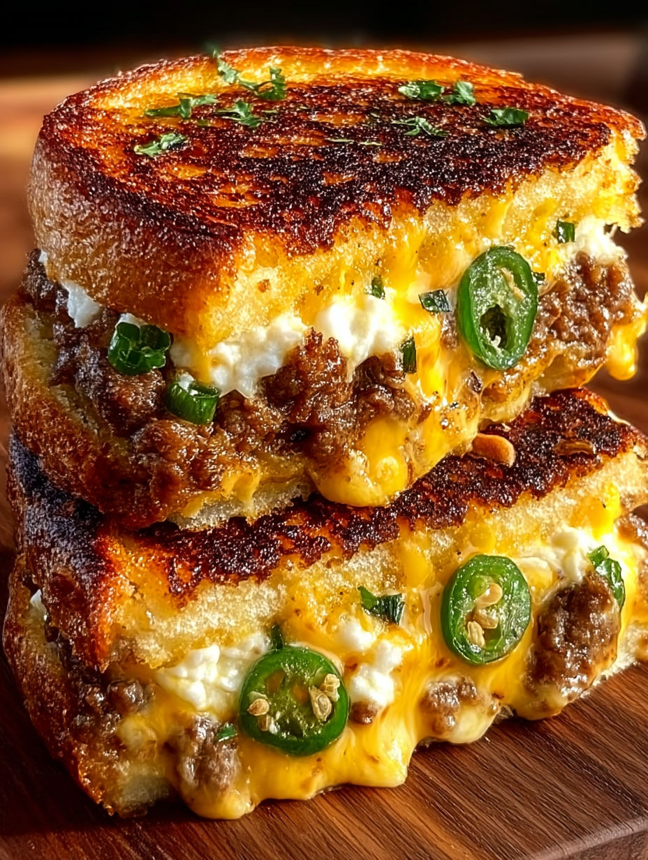 A jalapeno popper patty melt with cheese and jalapenos.