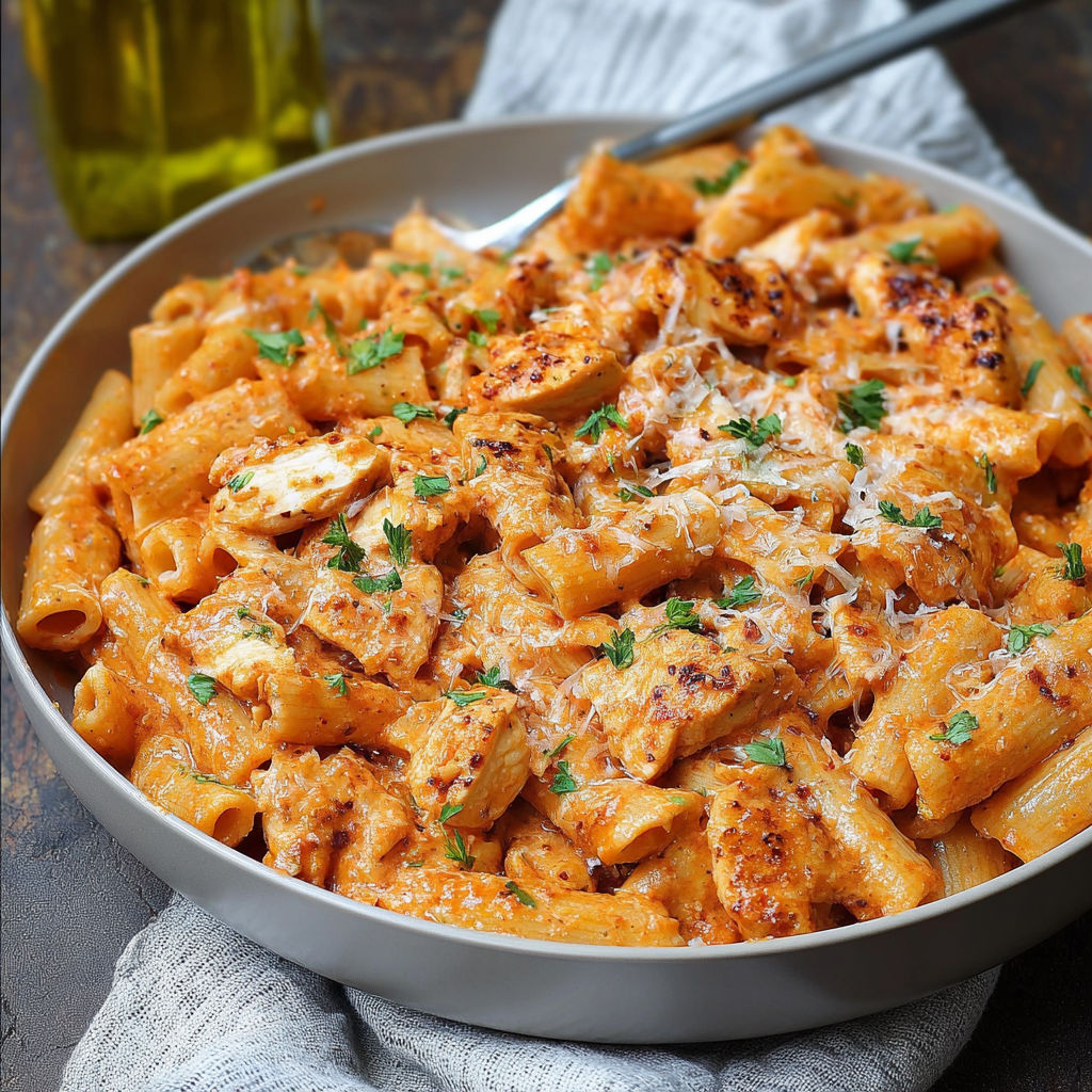 A plate of chicken parmesan pasta.