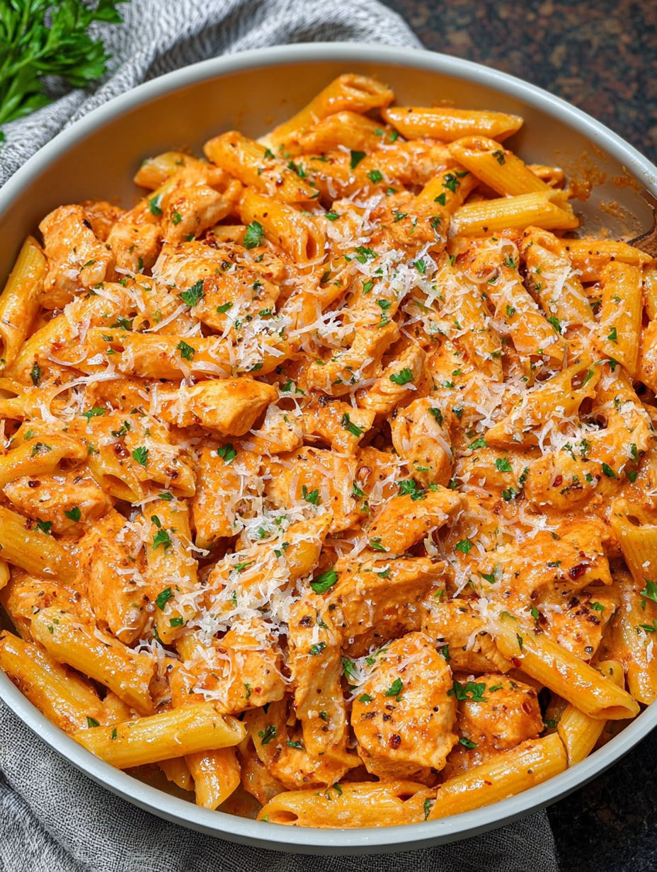 A bowl of pasta with chicken and cheese.