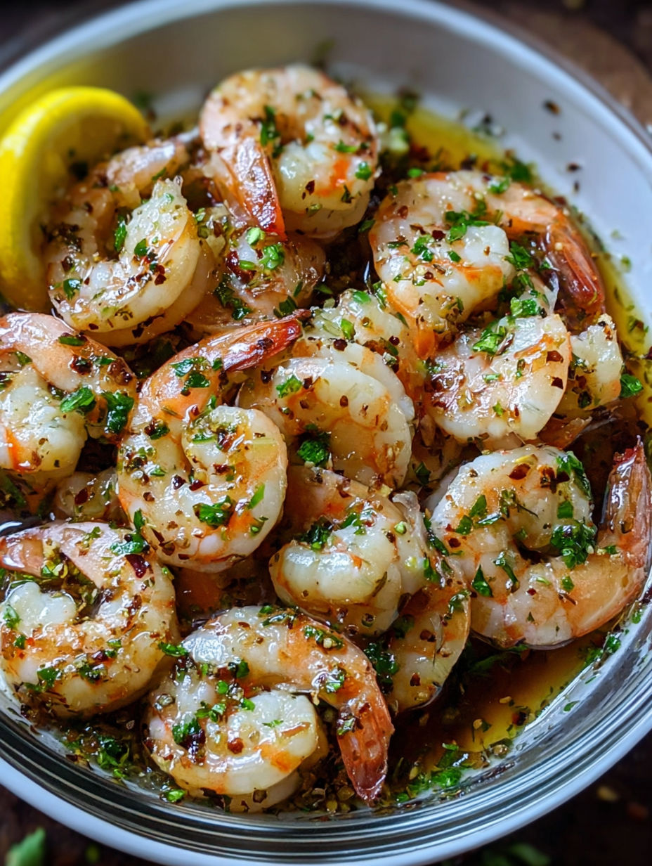 A bowl of shrimp with a lemon wedge on top.