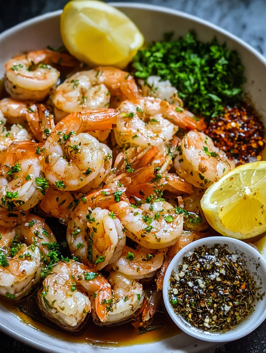 A bowl of shrimp with a lemon wedge and a spoonful of seasoning.