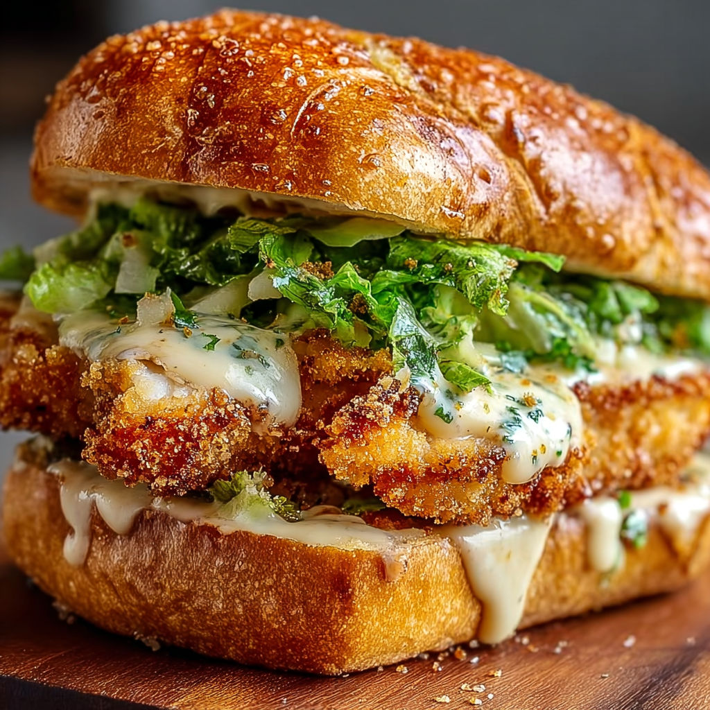 A crispy chicken caesar sandwich with lettuce and cheese.