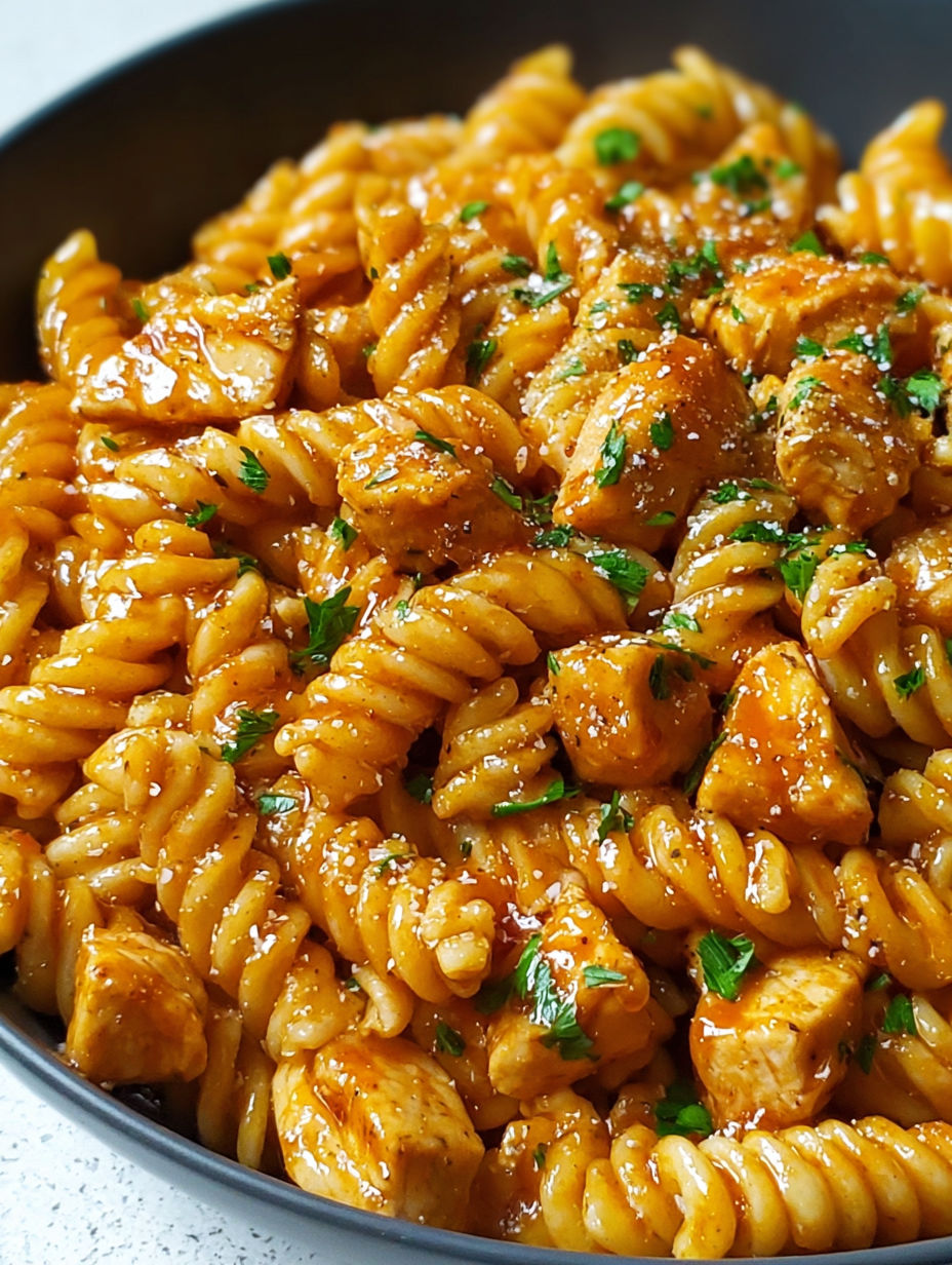 A dish of pasta with chicken and honey garlic sauce.