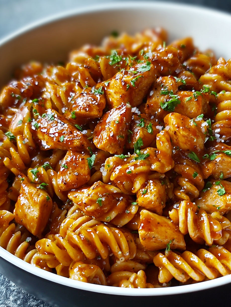 A bowl of pasta with chicken and sauce.