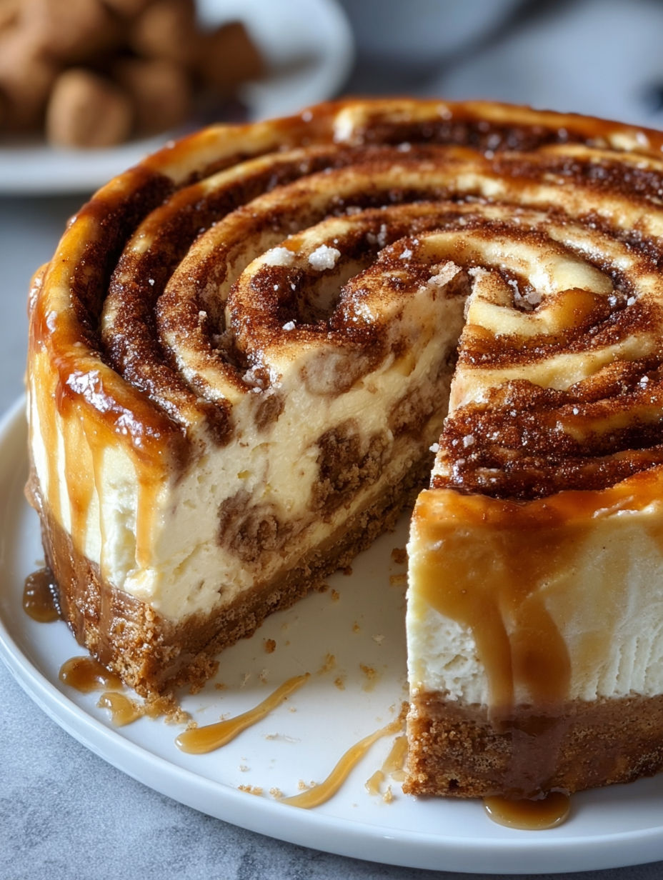 A slice of cinnamon roll cheesecake on a plate.