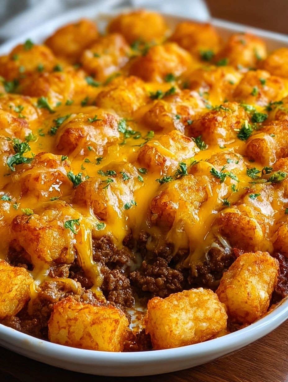 A delicious cheeseburger tater tot casserole.