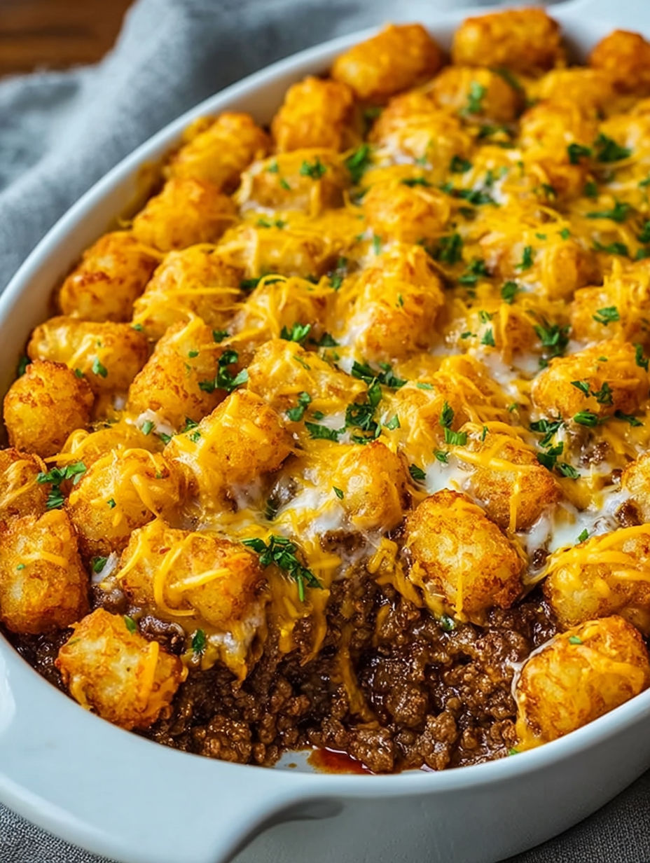 A delicious cheeseburger tater tot casserole.