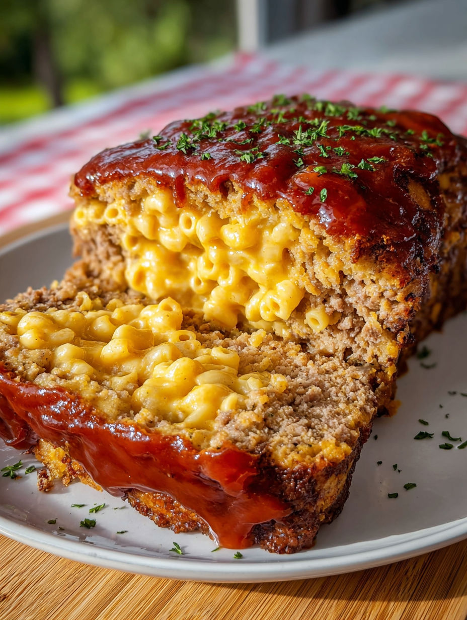 A slice of meatloaf with mac and cheese in it.
