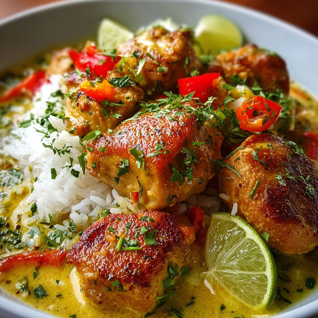A bowl of chicken with rice and lime.