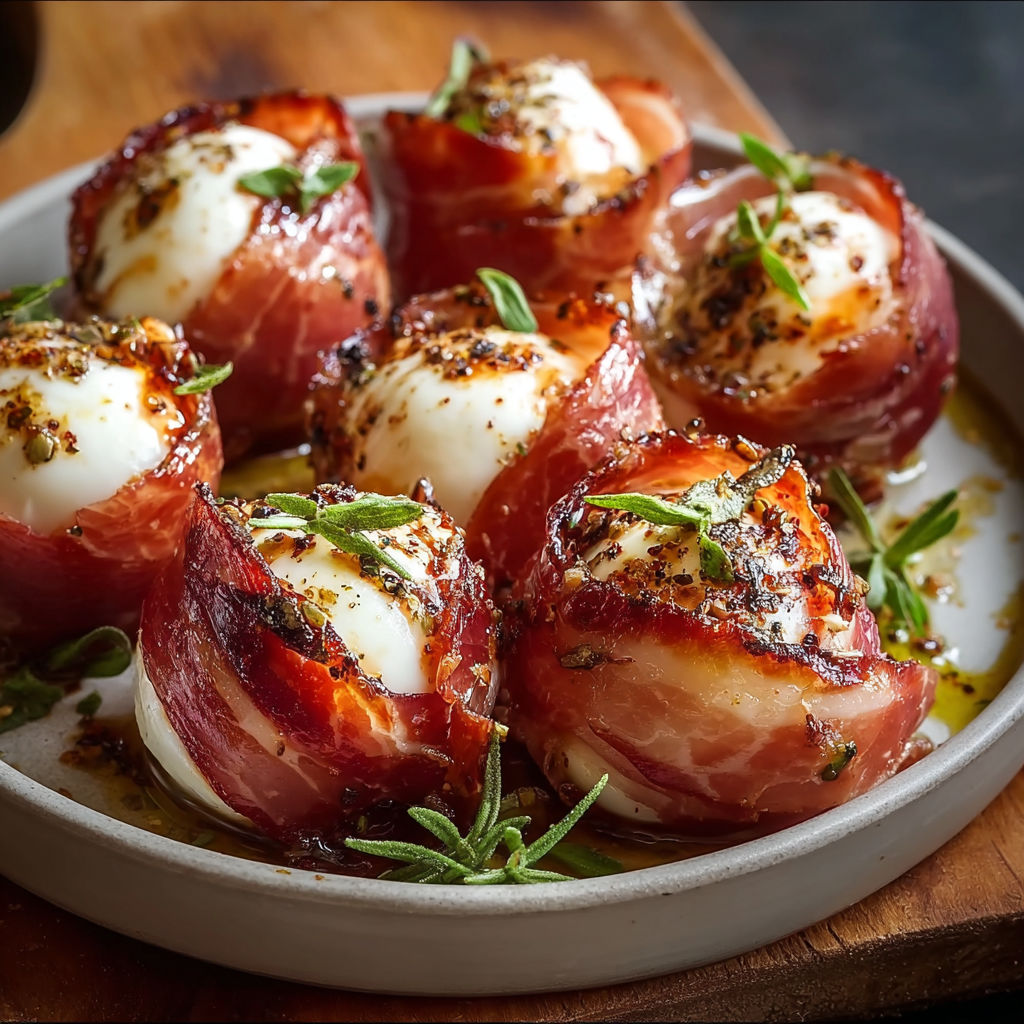 A plate of beef prosciutto wrapped mozzarella bites.