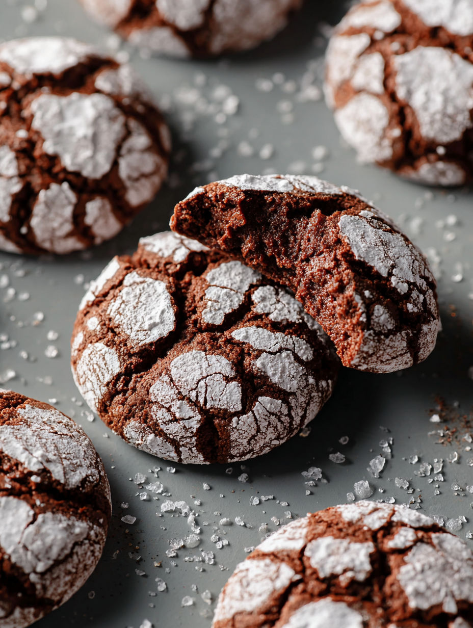 A close up of chocolate crinkle cookies.