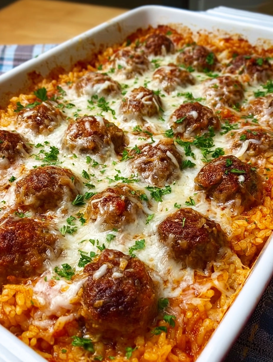 A cheesy meatball rice casserole in a white dish.