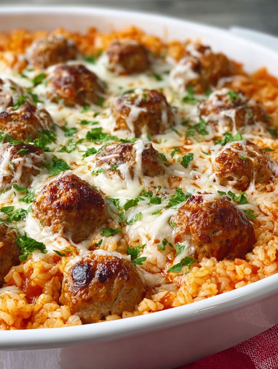 A cheesy meatball rice casserole.