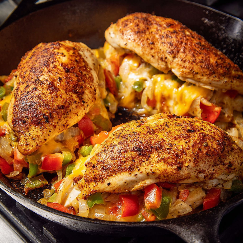 A pan of Cajun-stuffed chicken.