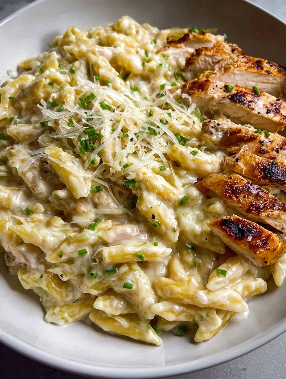 A plate of pasta with white sauce.