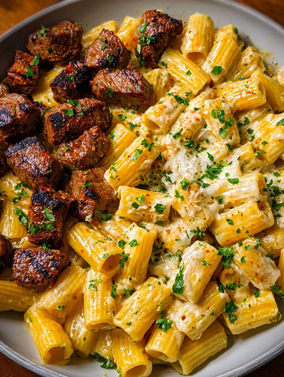 A plate of rigatoni pasta with garlic butter and parmesan cream sauce.