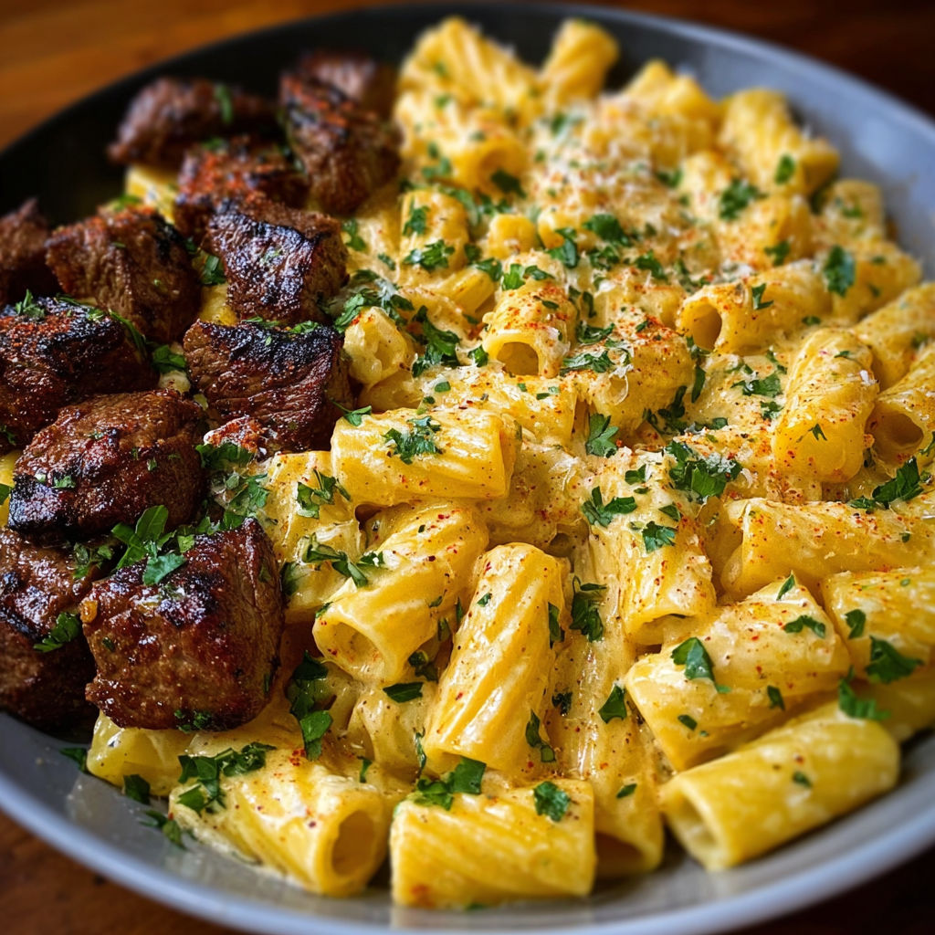 A plate of rigatoni in garlic butter parmesan cream sauce with cajun steak tips.
