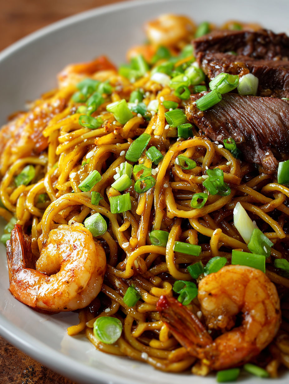 A plate of steak and shrimp teriyaki noodles.