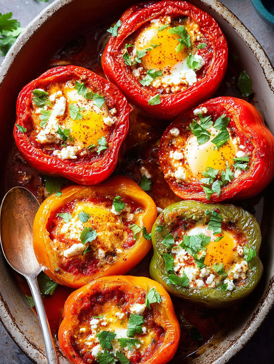 A bowl of stuffed peppers with eggs in the middle.