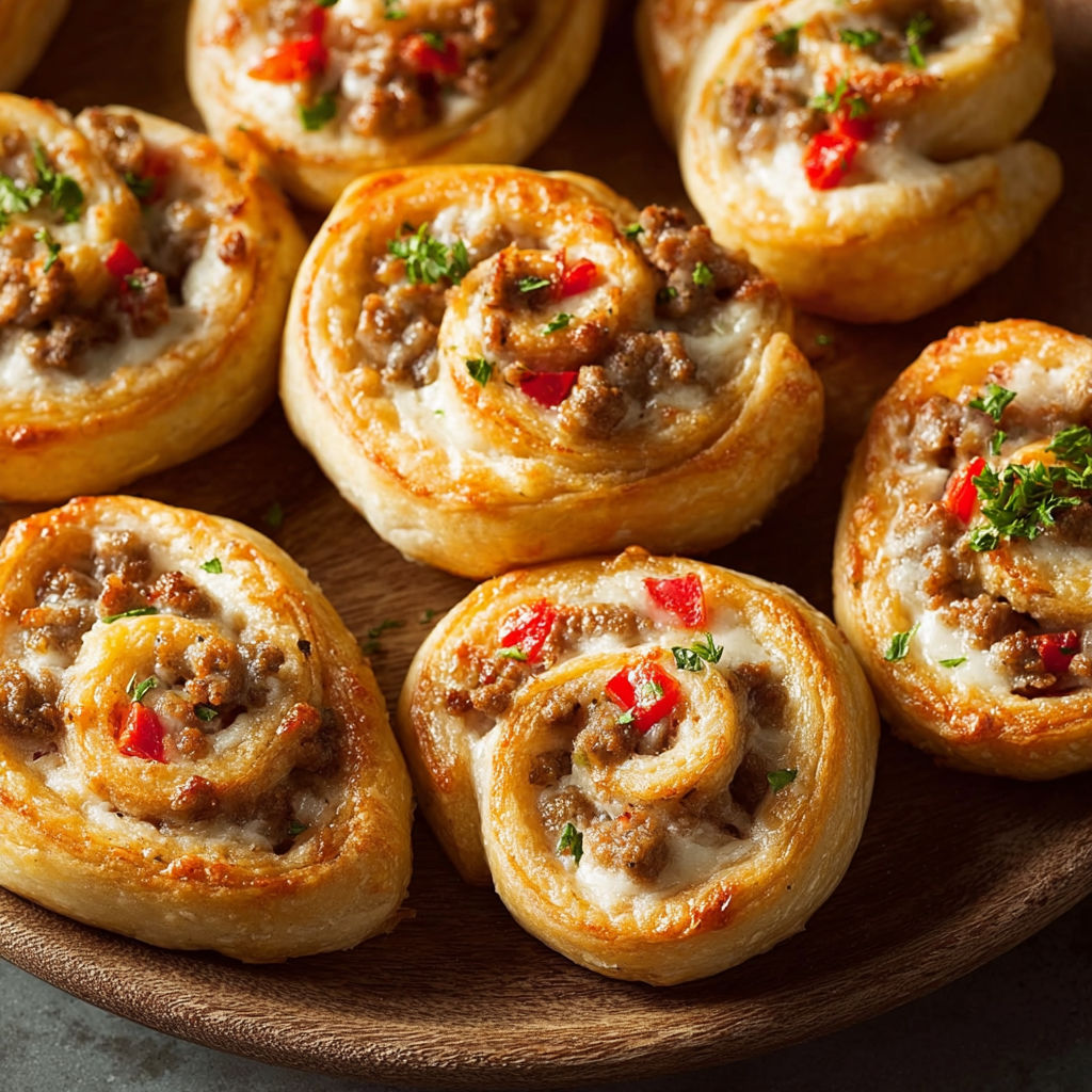 Sausage pinwheels on a wooden tray.