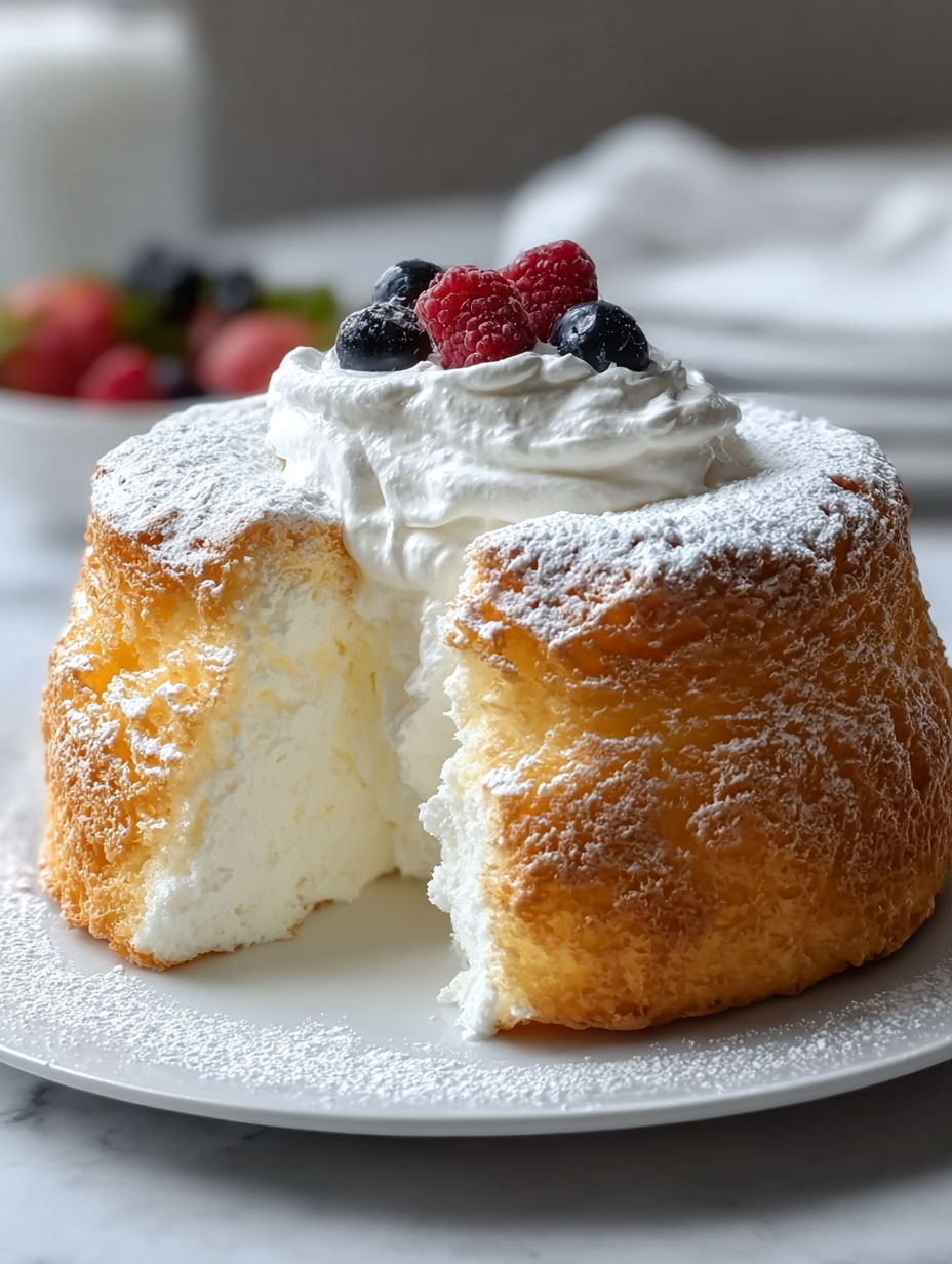 A slice of a light and fluffy cloud cake.