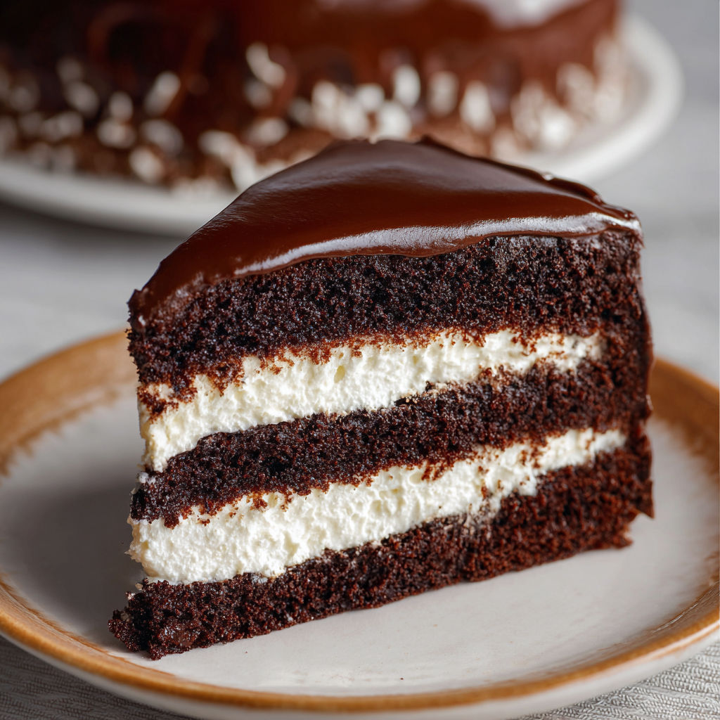 A slice of chocolate cake with white frosting.