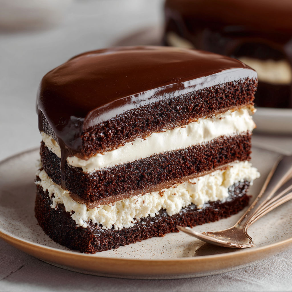 A slice of chocolate cake with white frosting.