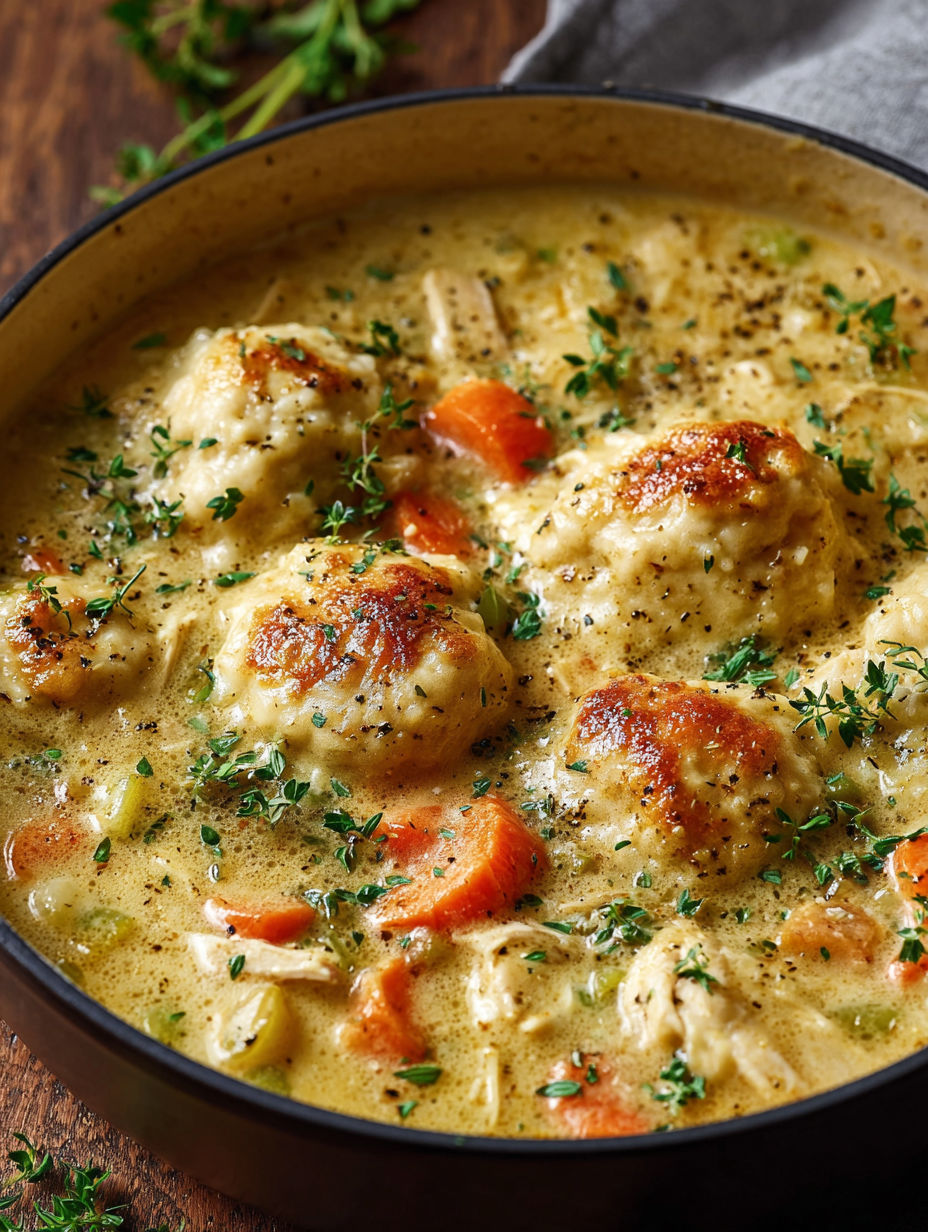 A bowl of chicken and dumplings.