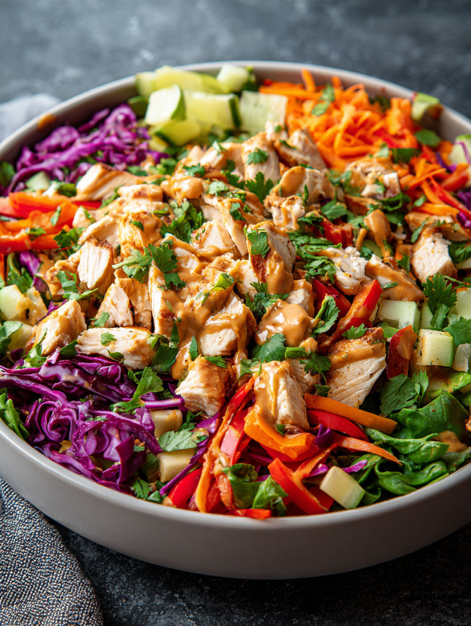 A bowl of Thai chicken salad with peanut dressing.