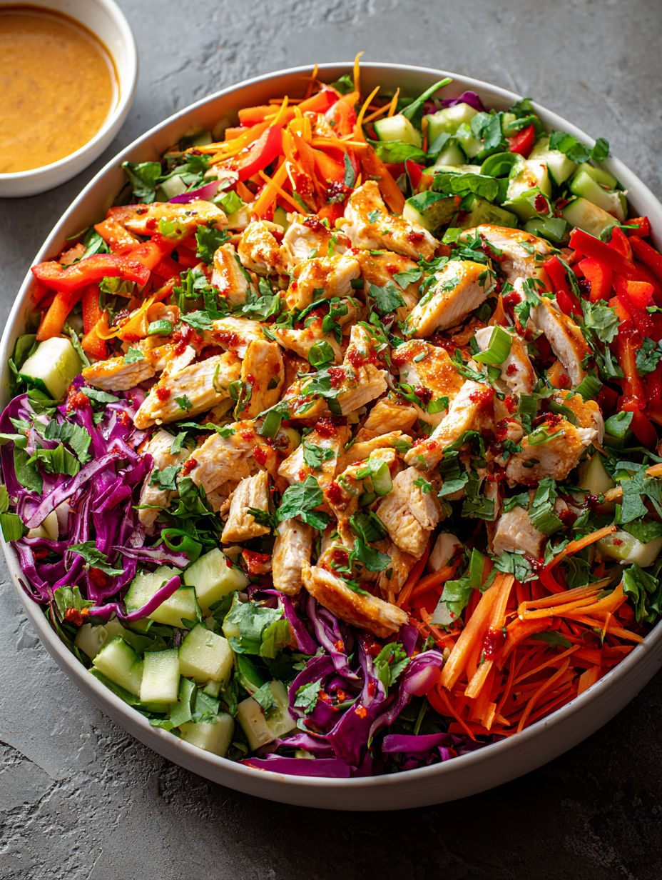 A bowl of Thai chicken salad with peanut dressing.