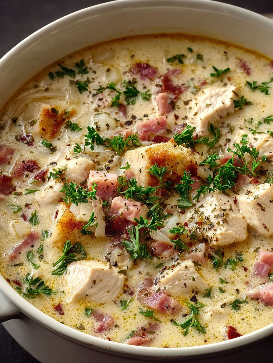 A bowl of chicken cordon bleu soup.