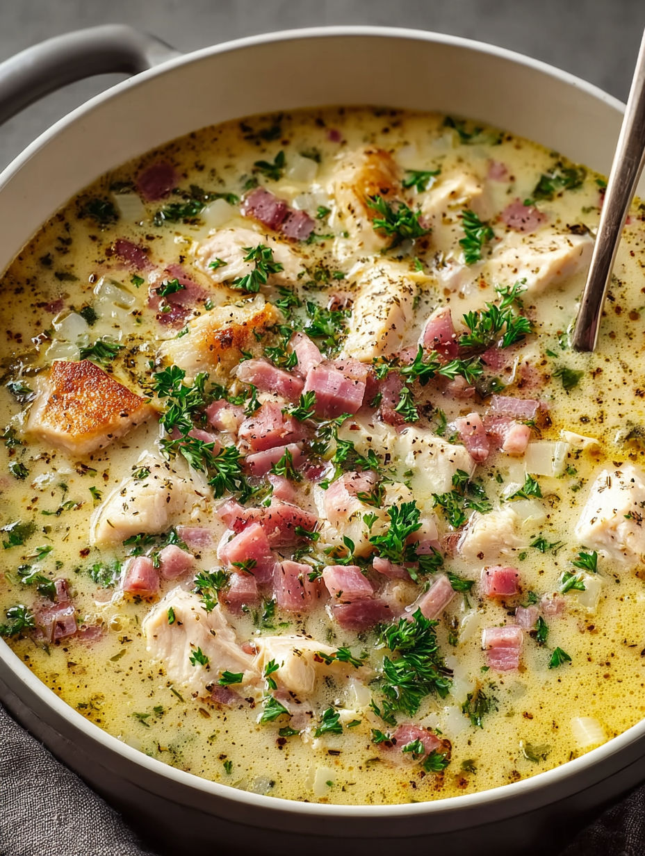 A bowl of chicken cordon bleu soup.