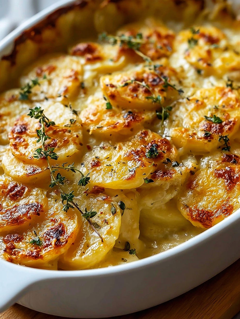A dish of scalloped potatoes.
